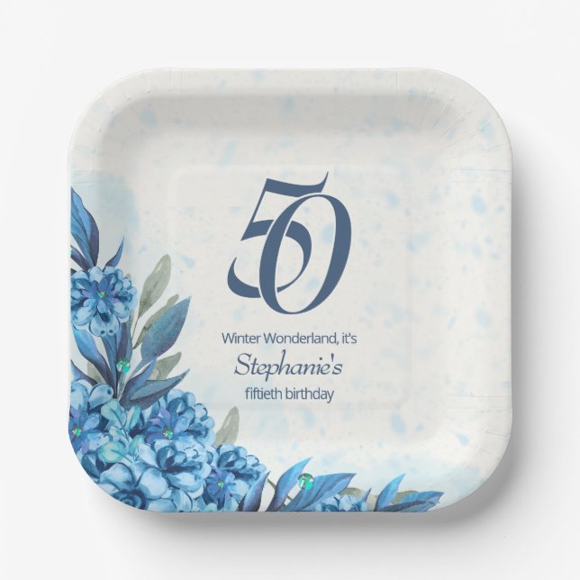 Elegant Winter White Blue Flowers 50th Birthday  Paper Plates (Front)