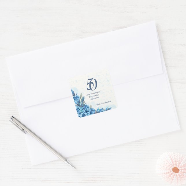 Elegant Winter White Blue Flowers 50th Birthday  Square Sticker (Envelope)