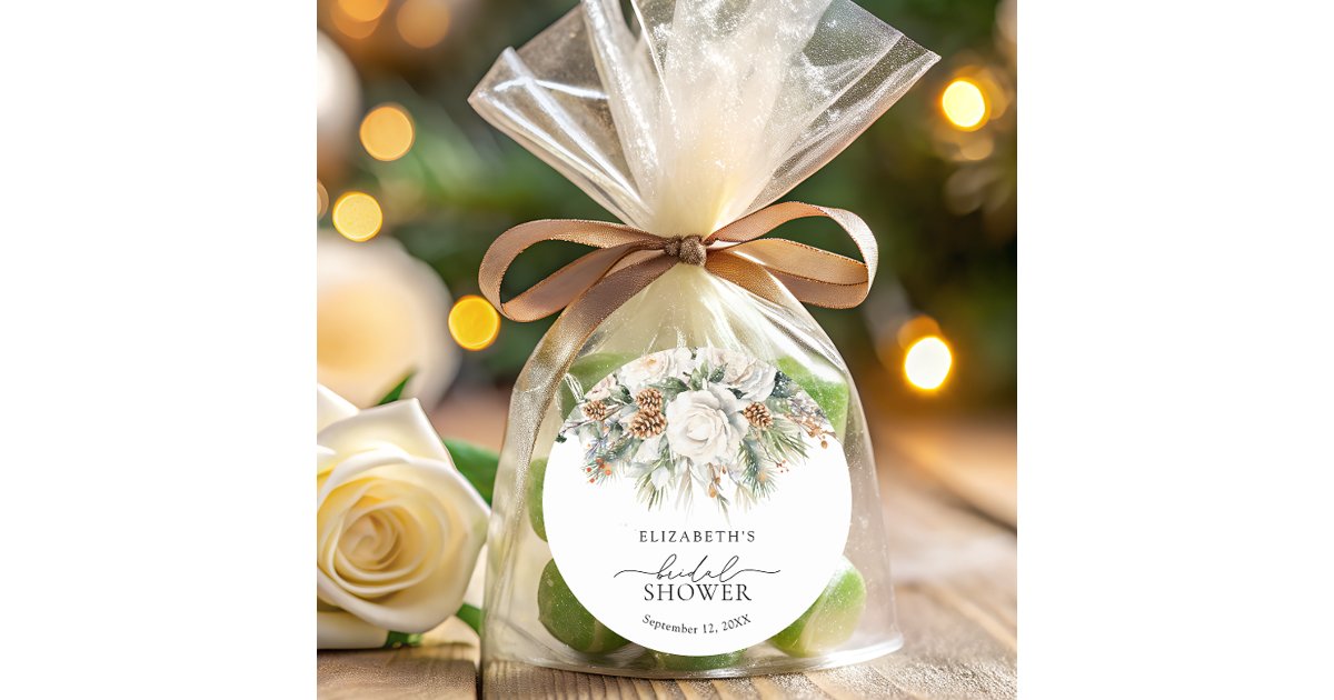 Elegant Winter White Floral Bridal Shower Classic Round Sticker | Zazzle