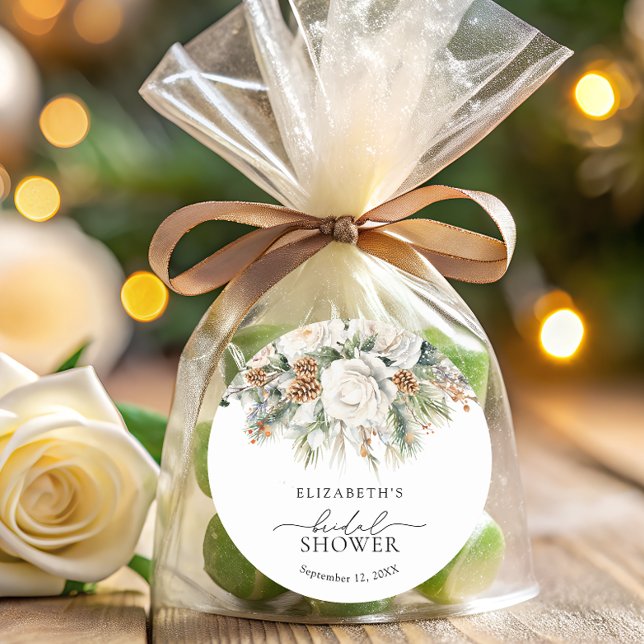 Elegant Winter White Floral Bridal Shower Classic Round Sticker (Creator Uploaded)