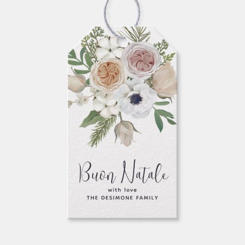 Elegant Winter White Floral Buon Natale Gift Tags