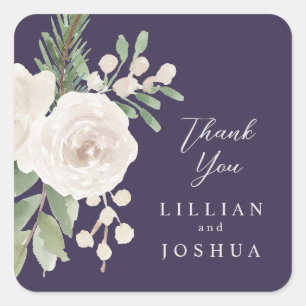 Elegant Winter White Floral Purple Wedding Square Sticker