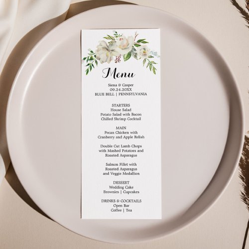 Elegant Winter White Peony Dinner Menu Card