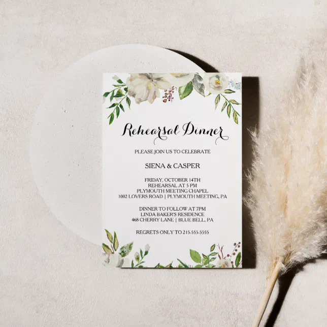 Elegant Winter White Peony Rehearsal Dinner Invitation 