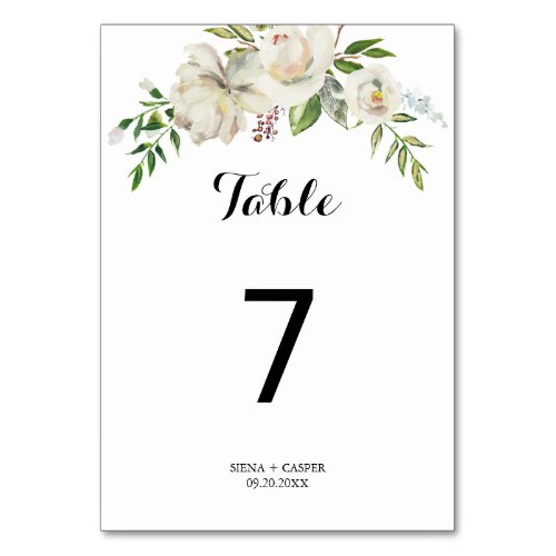 Elegant Winter White Peony Wedding Table Number