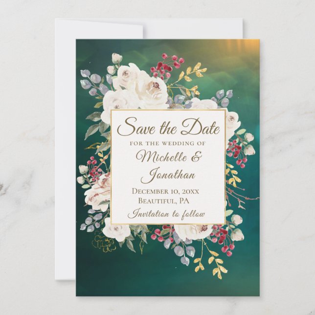 Elegant Winter White Rose Floral Green Background Save The Date (Front)