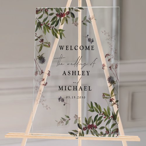 Elegant Winter Wildflower Berry Wedding Acrylic Sign