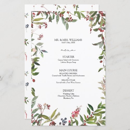 Elegant Winter Wildflower Berry Wedding Menu