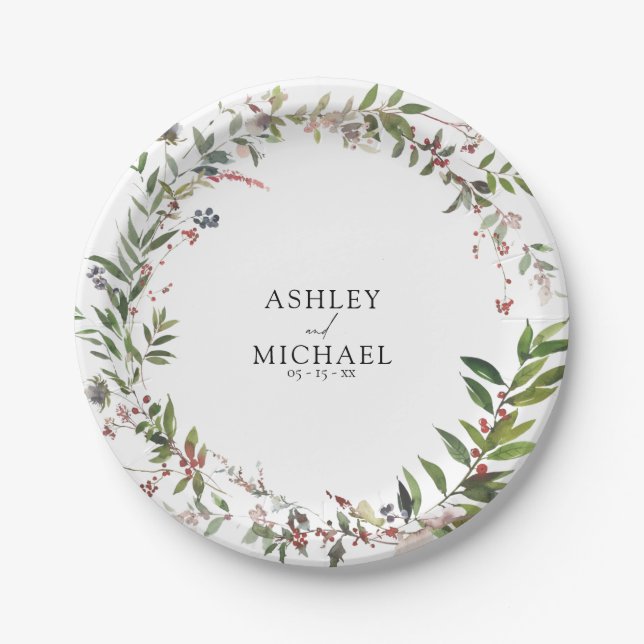 Elegant Winter Wildflower Berry Wedding Paper Plates (Front)