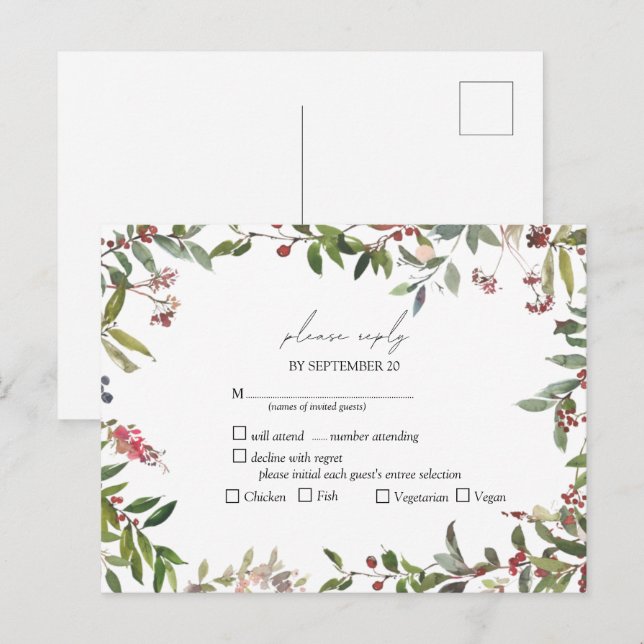 Elegant Winter Wildflower Berry Wedding RSVP Invitation Postcard (Front/Back)