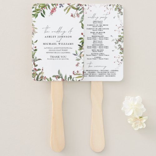 Elegant Winter Wildflower Wedding Program Hand Fan