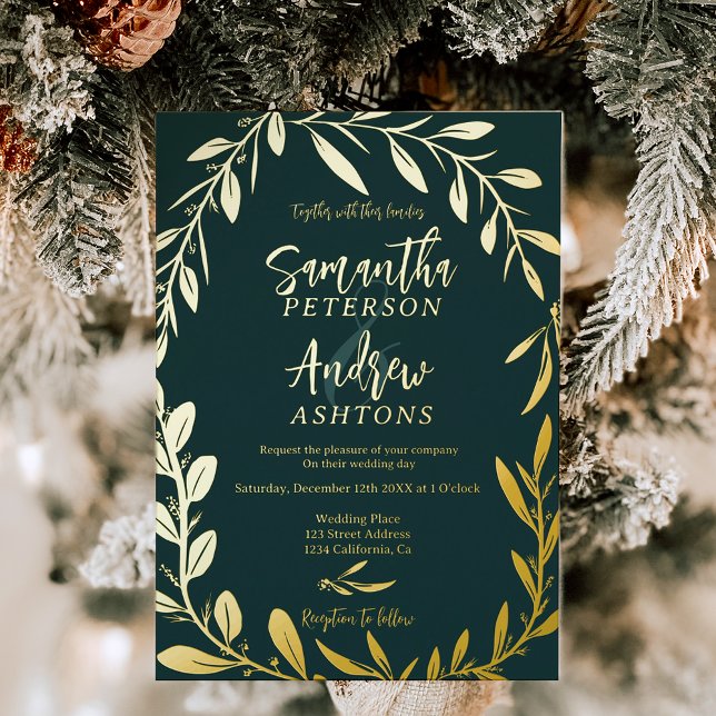 Elegant winter wonderland green wedding photo foil invitation (Elegant winter wonderland green wedding photo foil invitation)
