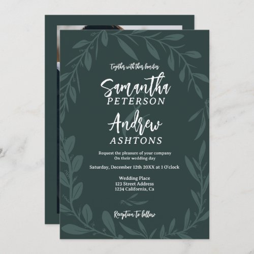 Elegant winter wonderland green wedding photo invitation