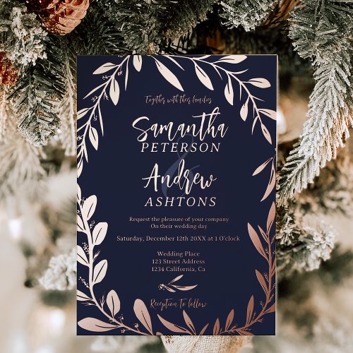 Elegant winter wonderland navy blue wedding photo foil invitation