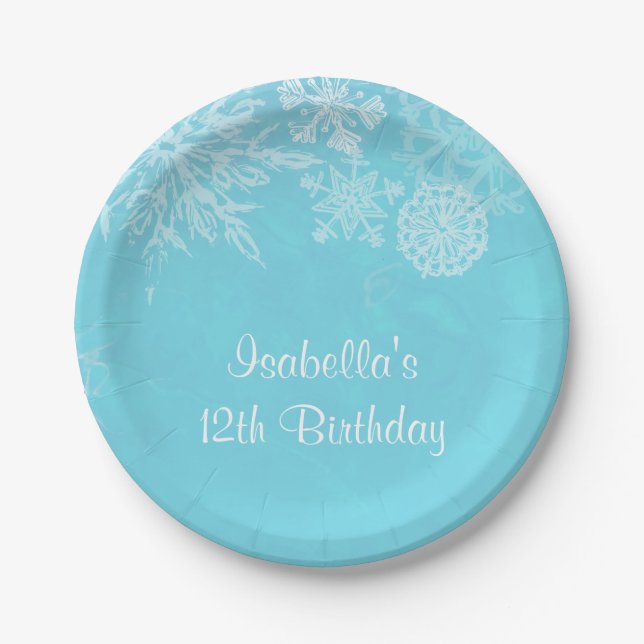 Elegant Winter Wonderland Snowflake Birthday Party Paper Plates (Front)