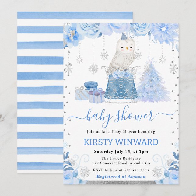 Elegant Winter Woodland Owl Baby Shower Invitation (Front/Back)