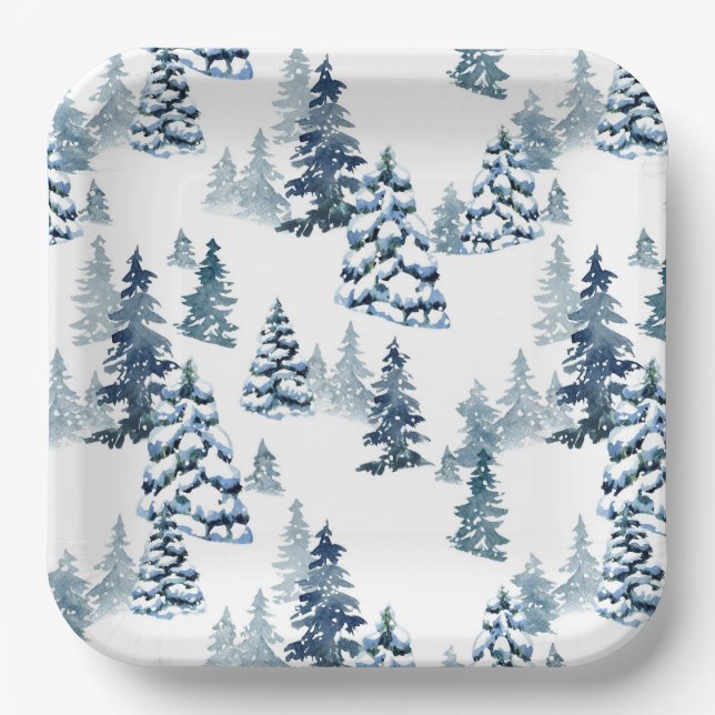 Elegant Winter Woodland Snowy Fir Forest Christmas Paper Plates (Front)