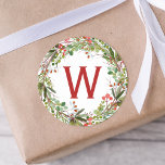 Elegant Winter Wreath Christmas  Classic Round Sticker<br><div class="desc">Red-green berries and branches capital letter Christmas stickers. Customizable!</div>
