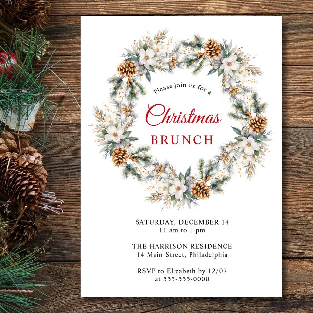 Elegant Winter Wreath Watercolor Christmas Brunch Invitation (Creator Uploaded)