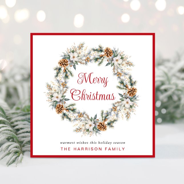 Elegant Winter Wreath Watercolor Christmas Holiday Card (Spread the love + joy of the season with your friends + family near and far with a personalized card)