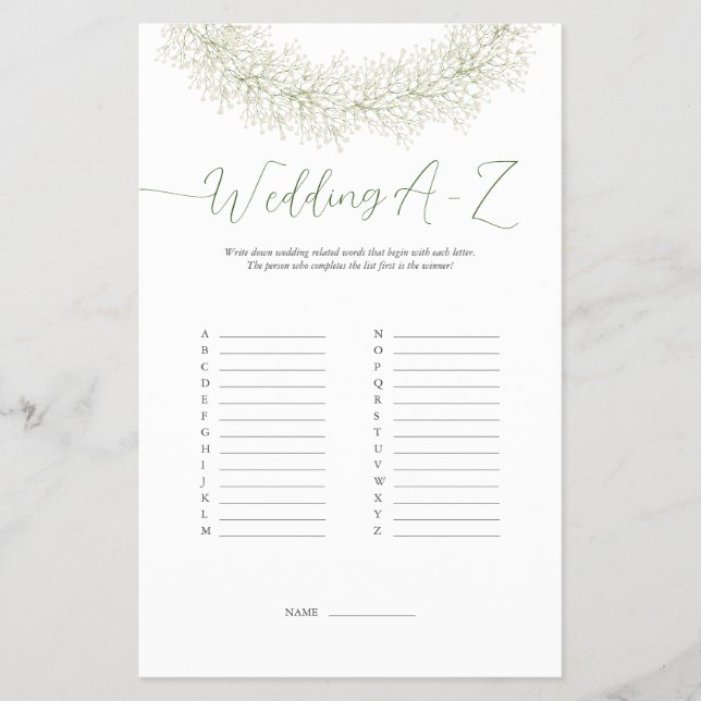 Elegant Winter Wreath Wedding A-Z Game Flyer (Front)