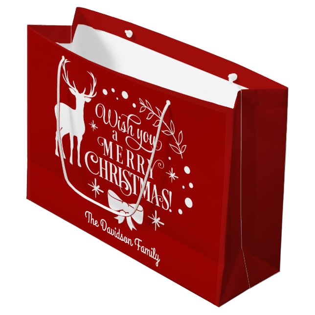 Elegant Wish You A MERRY CHRISTMAS Monogram Large Gift Bag (Front Angled)