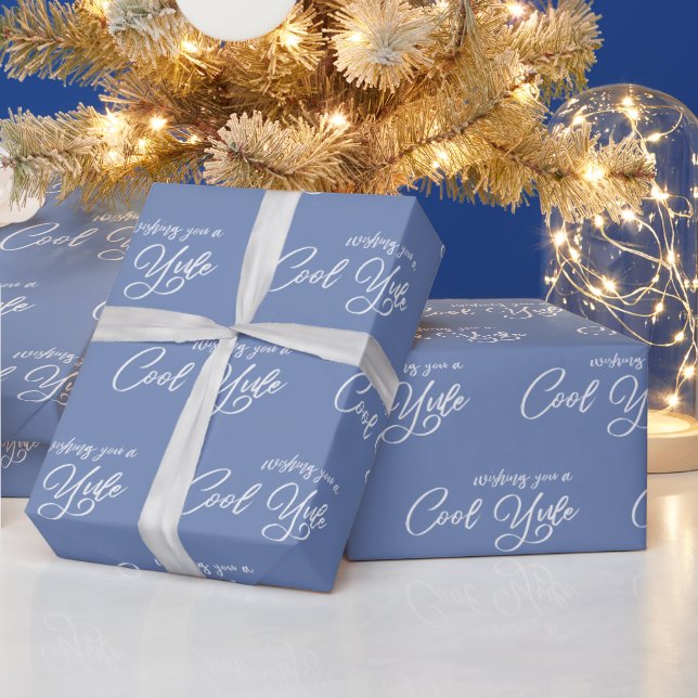 Elegant Wishing You A Cool Yule White Script Blue Wrapping Paper (Holidays)