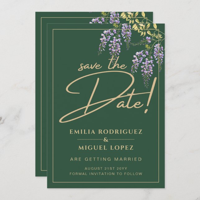 Elegant WISTERIA Gold Green SAVE THE DATE Invitation (Front/Back)