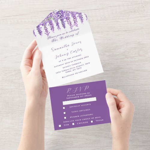 Elegant Wisteria Watercolor Purple Lilac Wedding All In One Invitation