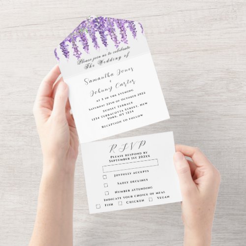 Elegant Wisteria Watercolor Purple Lilac Wedding  All In One Invitation