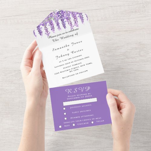 Elegant Wisteria Watercolor Purple Lilac Wedding  All In One Invitation