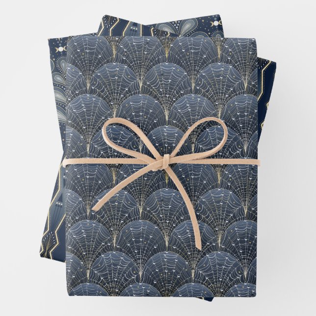 Elegant Witch Blue and Gold Art Deco Pattern Wrapping Paper Sheets (In situ)