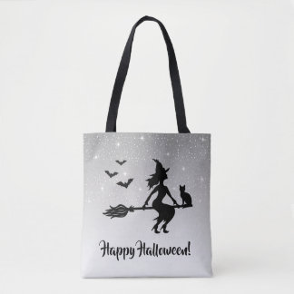 Elegant Witch Gray And Black Happy Halloween Tote Bag
