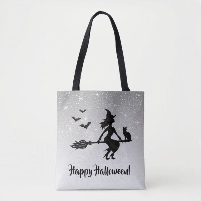 Elegant Witch Gray And Black Happy Halloween Tote Bag (Front)