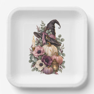 Elegant Witch Hat with Floral Pumpkins Paper Plates