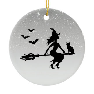 Elegant Witch On A Broom Gray And Black Halloween Ceramic Ornament