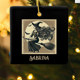 Elegant Witch on Broom Vintage Halloween Black Ceramic Ornament