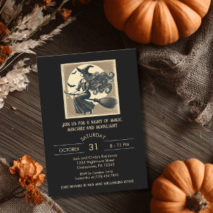 Elegant Witch on Broom Vintage Halloween Black Invitation