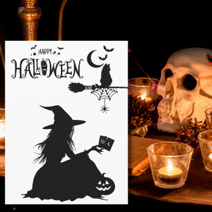 Elegant Witch Tarot Cat Moon & Stars Fun Halloween Postcard