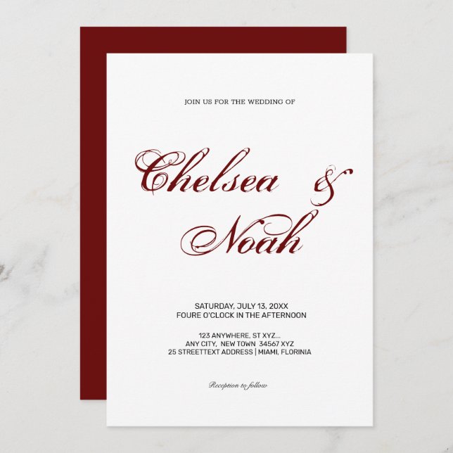 Elegant with burgundy Red calligraphic text Invitation (Front/Back)