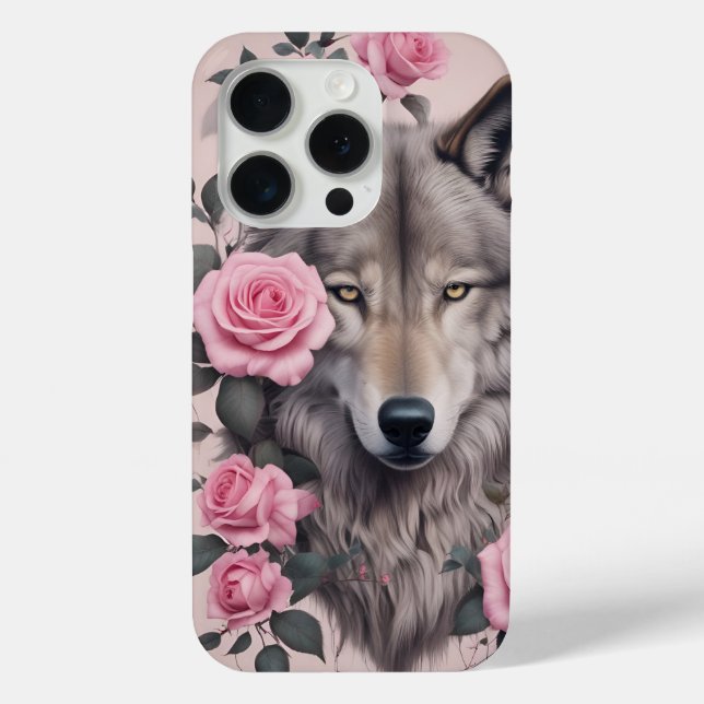 Elegant Wolf and Rose  iPhone 15 Pro Case (Back)