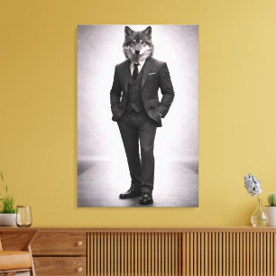 Elegant Wolf in Classic Suit Portrait Canvas Print