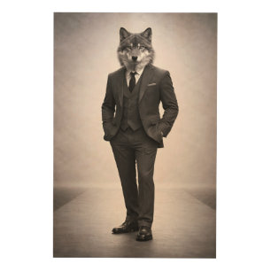 Elegant Wolf in Classic Suit Portrait Wood Wall Art
