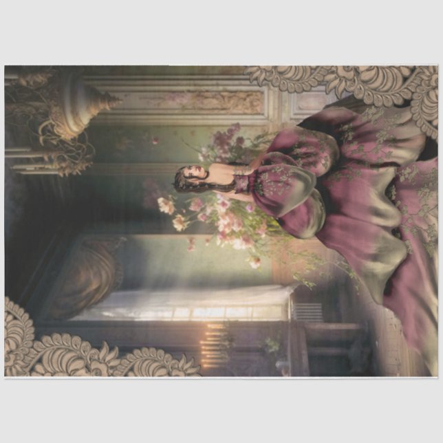 Elegant Woman, Abandoned building, Floral Portrait Tissue Paper (Front)