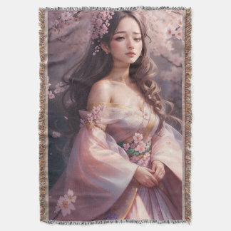 Elegant Woman Amidst Blooming Cherry Blosso Throw Blanket