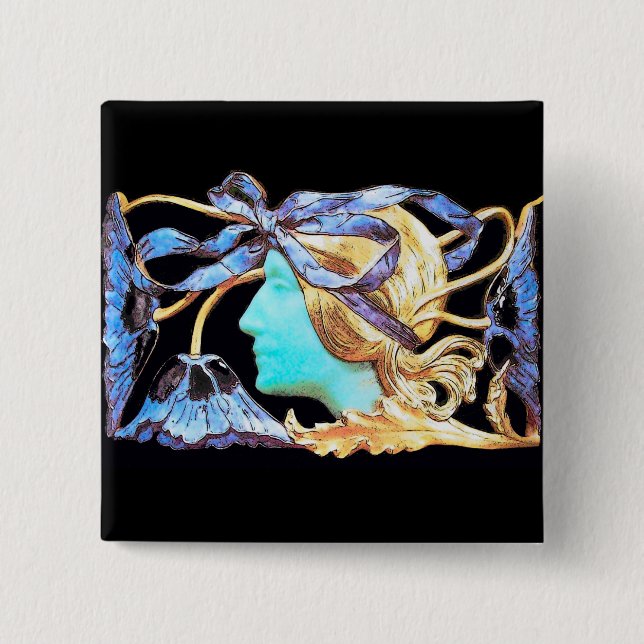 ELEGANT WOMAN BEAUTY JEWEL /LADY,BLUE BOW,FLOWERS PINBACK BUTTON (Front)