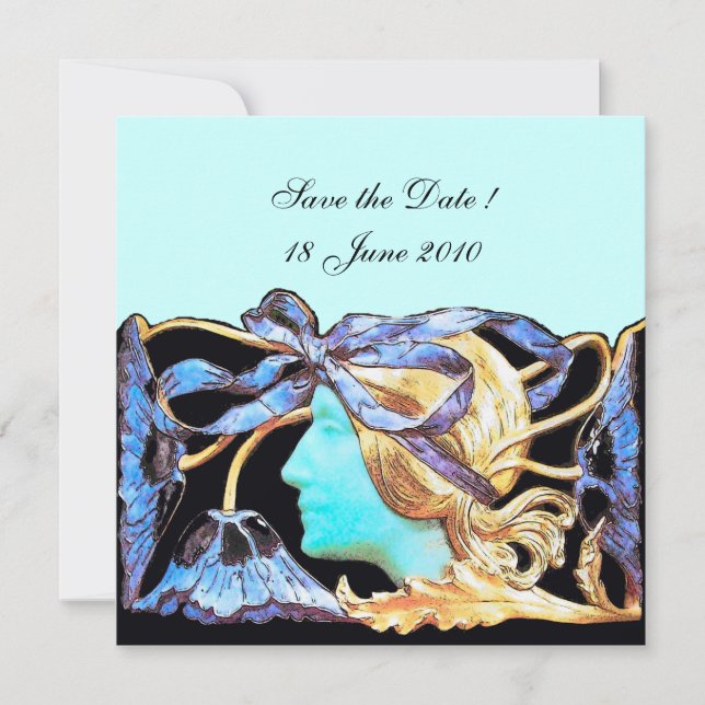 ELEGANT WOMAN BEAUTY JEWEL /LADY,BLUE BOW,FLOWERS SAVE THE DATE (Front)