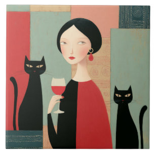 Elegant Woman Black Cats and Wine Ceramic Tile