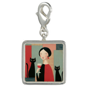 Elegant Woman Black Cats and Wine Charm