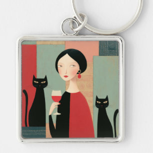 Elegant Woman Black Cats and Wine Keychain